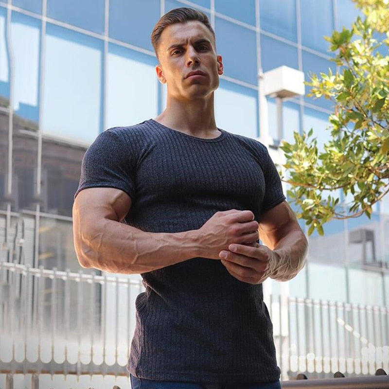 Men V Neck Short Sleeve T Shirt Fitness Slim Fit Sports Strips T-shirt Male Solid Fashion Tees Tops Summer Knitted Gym Clothing