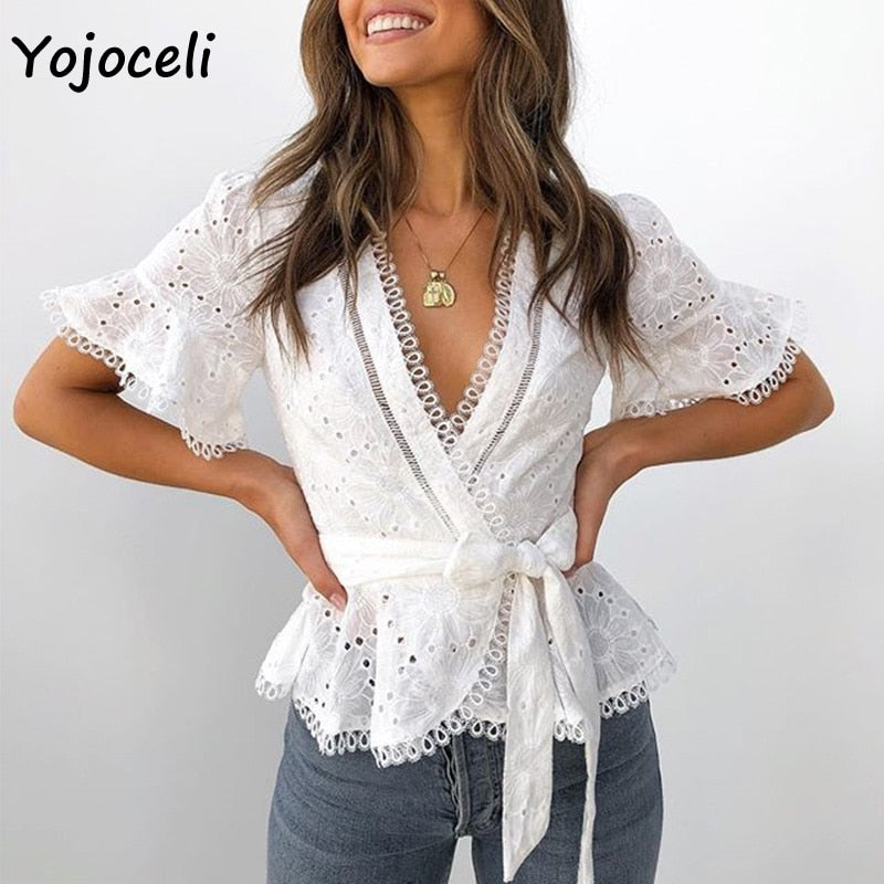 Yojoceli cotton embroidery lace blouses shirt women ruffle bow blusas female boho new blouses