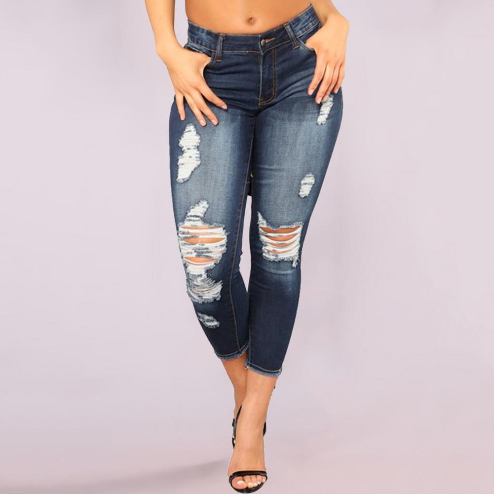 Plus Größe Licht Blau Zerrissene Jeans Für Frauen Street Style Sexy Distressed Hosen Stretch High-taille Engen Jeans Cropped hosen