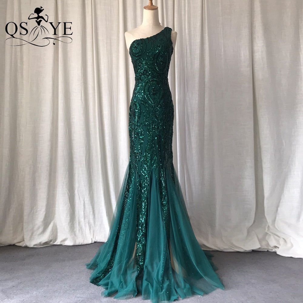 One Shoulder Emerald Evening Dresses Green Sequined Long Mermaid Prom Gown Glitter Elegant Party Dress Pattern Lace Formal Dress