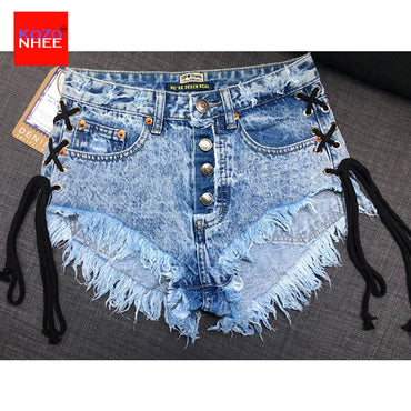 Vintage Snowflake Inelastic Women Denim Shorts With high Waist Straps Tassel Female Summer Shorts For Women&#39;s jeans