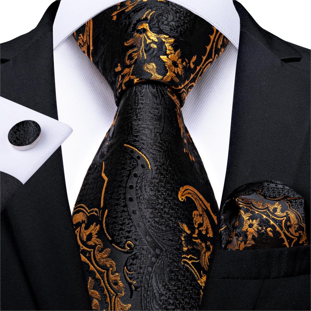 Men Tie Black Gold Paisley Quality Wedding Tie For Men Hanky Cufflink Silk Tie Set DiBanGu Novelty Design Business Party MJ-7313