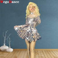 New Women Shining Silver Mirror Dress Singer Dancer Bodysuit Costume Nightclub Birthday Party