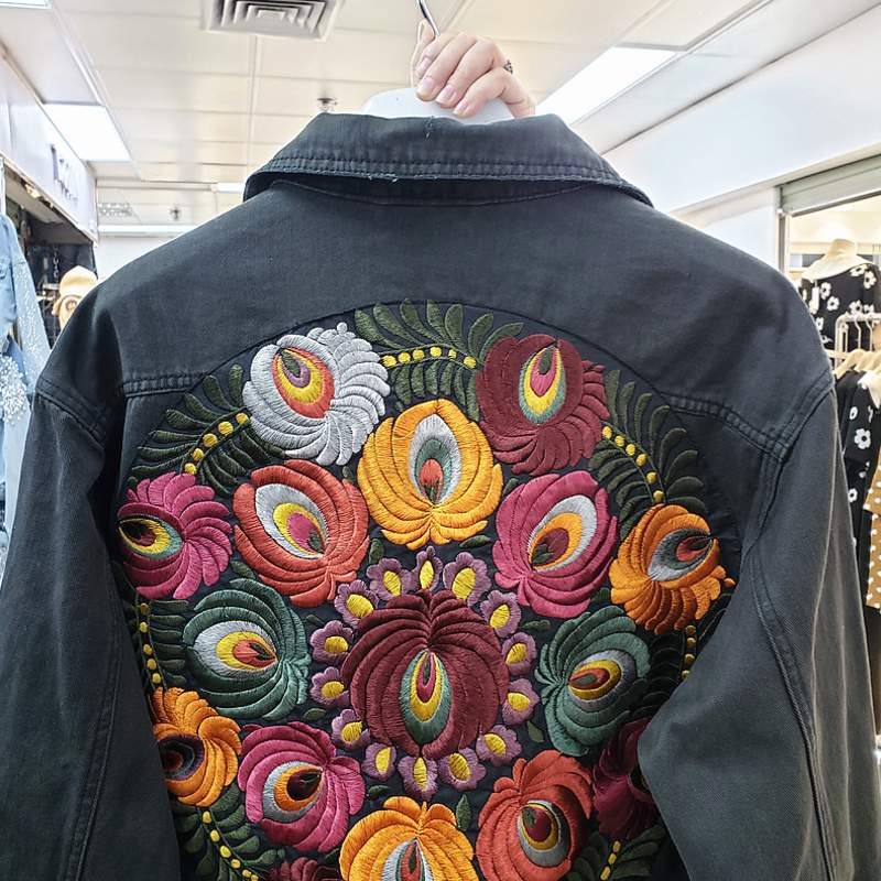 JSXDHK Streetwear Floral Embroidery Denim Jacket Coat Vintage Women Spring Autumn Turn Down Collar Loose Casual Cowboy Outwear