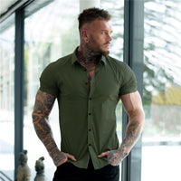 Men Fashion Casual Short Sleeve Solid Shirt Super Slim Fit Social Business Dress