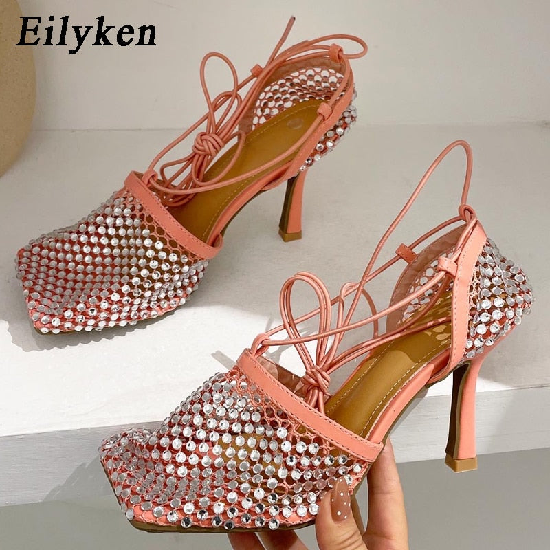 Eilyken Green Yellow Crystal Women Pumps Square Toe Fishnet Hollow Ankle Cross-Tied High Heel Rhinestone Sandals Lady Dress Shoe