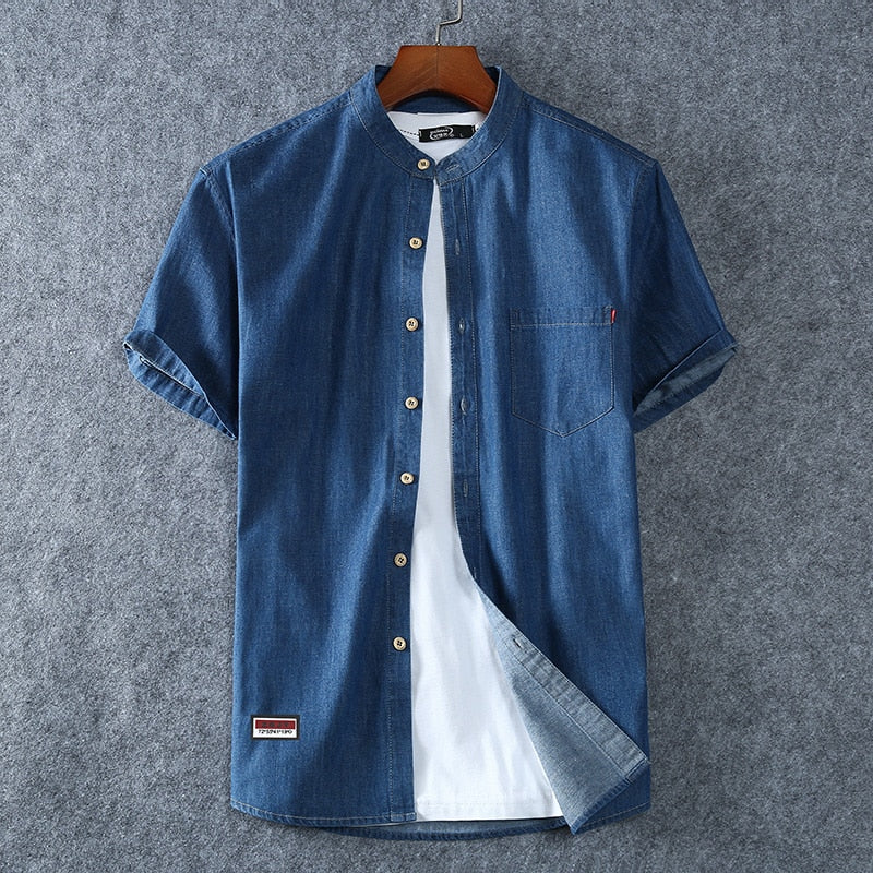 Men&#39;s Blue Denim Shirts Short Sleeve Jean Shirts