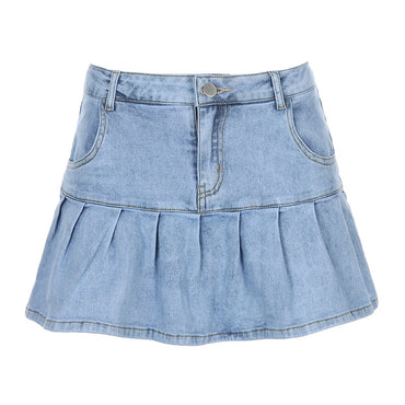 Sexy y2k Pink Denim Pleated Skirts Mini Solid Casual Woman Fashion Korean Style High Waist Skirt