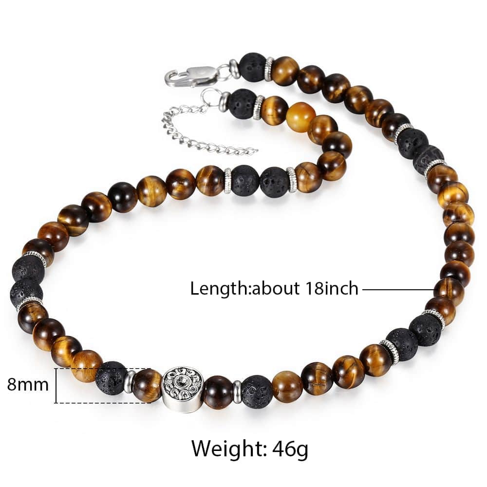 8mm Natural Stone Tiger Eyes Lava Bead Necklace Stainless Steel Beaded Charm Choker Neck Chain Fashion Male Jewelry 18/20inch