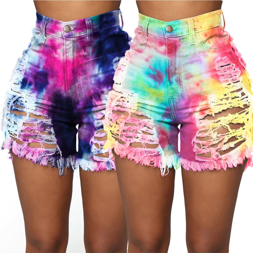 Shorts women shorts hole denim high waist sexy print