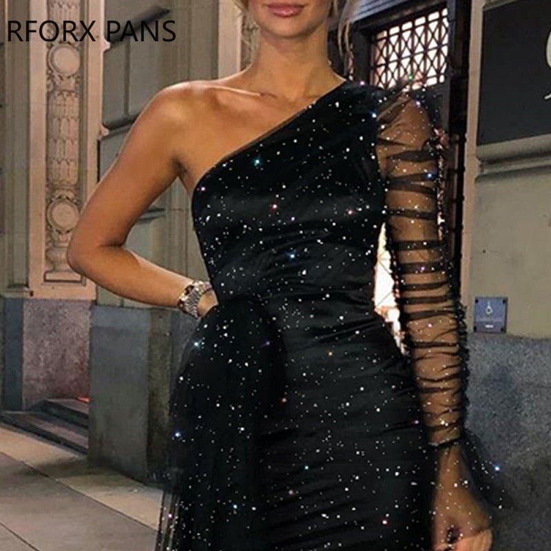 Glitter One Shoulder Sheer Mesh Ruched Long Sleeve Bodycon Dress Women Dress