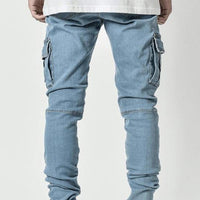 Summer Men Jeans Solid Color Multi Pockets Denim Mid Waist Stretchy Skinny Jeans Plus Size Fahsion Trousers Daily Wear