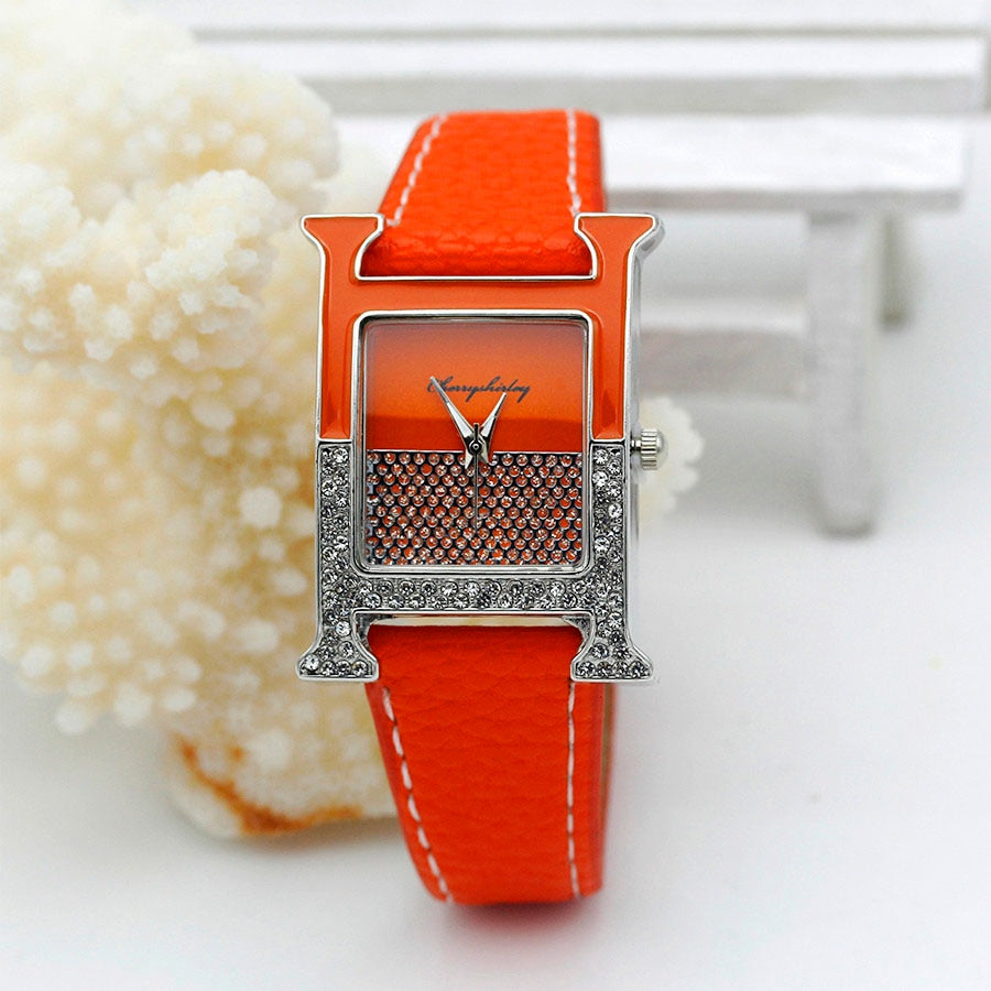 Casual Female Square Shaped WristWatch Leather Paint Rhinestone Designer Ladies Clock Women Dress Luxury Quartz Crystal Watch