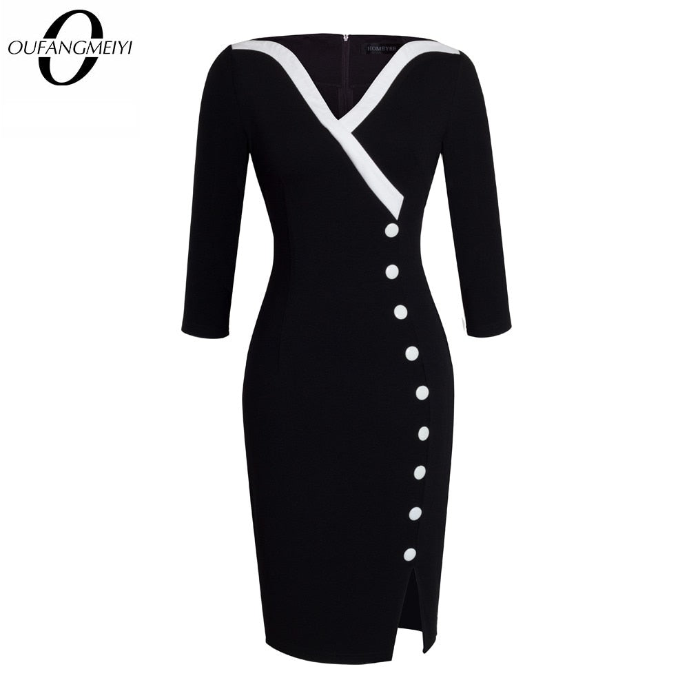 Autumn Womens Casual Patchwork Elegant Vintage Buttons Sheath Office Work Business Pencil Dress EB335