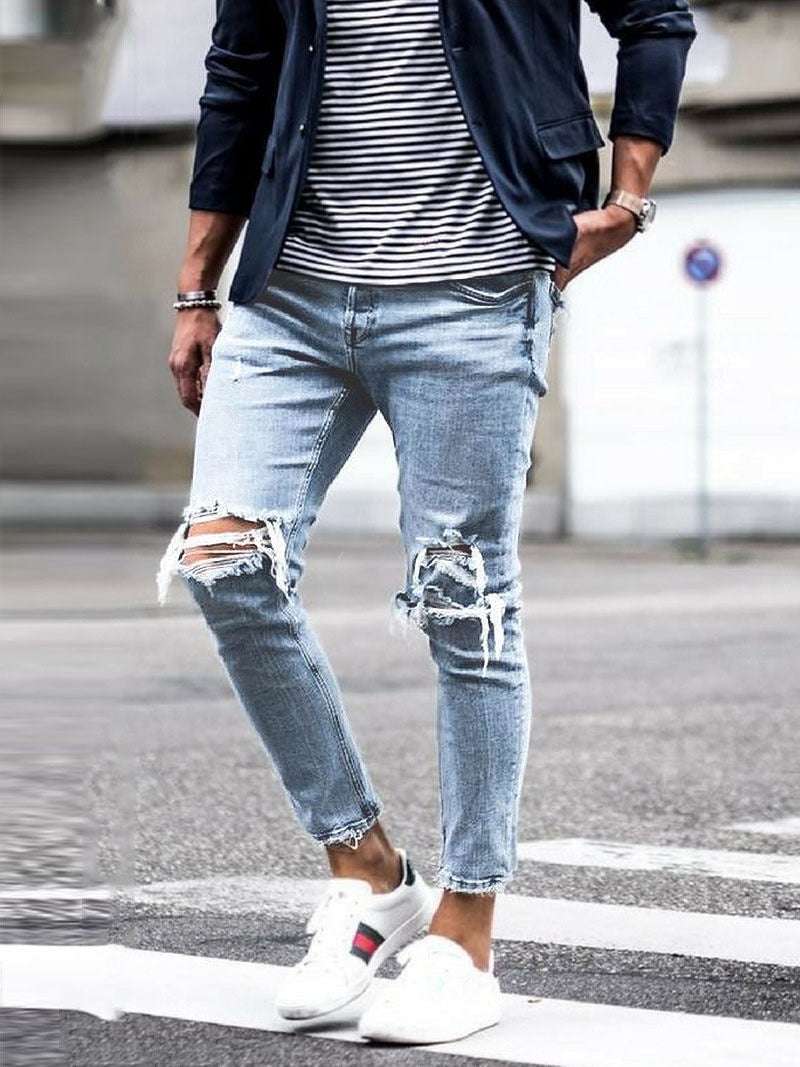 Men&#39;s Painted Skinny Slim Fit Straight Ripped Distressed Pleated Knee Patch Denim Pants Stretch Jeans