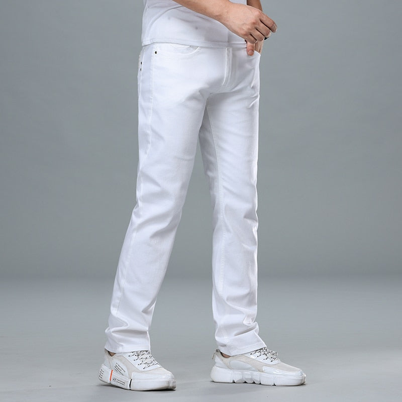 Classic Style Men's Regular Fit White Jeans Business Fashion Denim Advanced Stretch Cotton Trousers Male Brand Pants