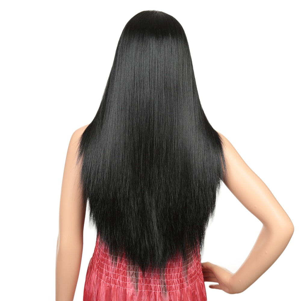 26" Long Straight Wig Synthetic Lace Wigs For Black Women Heat Resistant Nature Black Middle Part