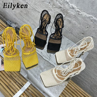 Eilyken 2023 New Sexy Mesh Pumps Sandals Female Square Toe High Heel Lace Up Cross-Tied Stiletto Hollow Dress Shoes