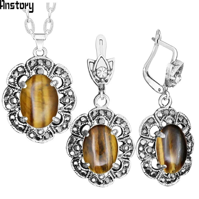 Plum Flower Pendant Natural Tiger Eye Necklace Earrings Jewelry Set Rhinestone Vintage Fashion Jewelry For Women TS403