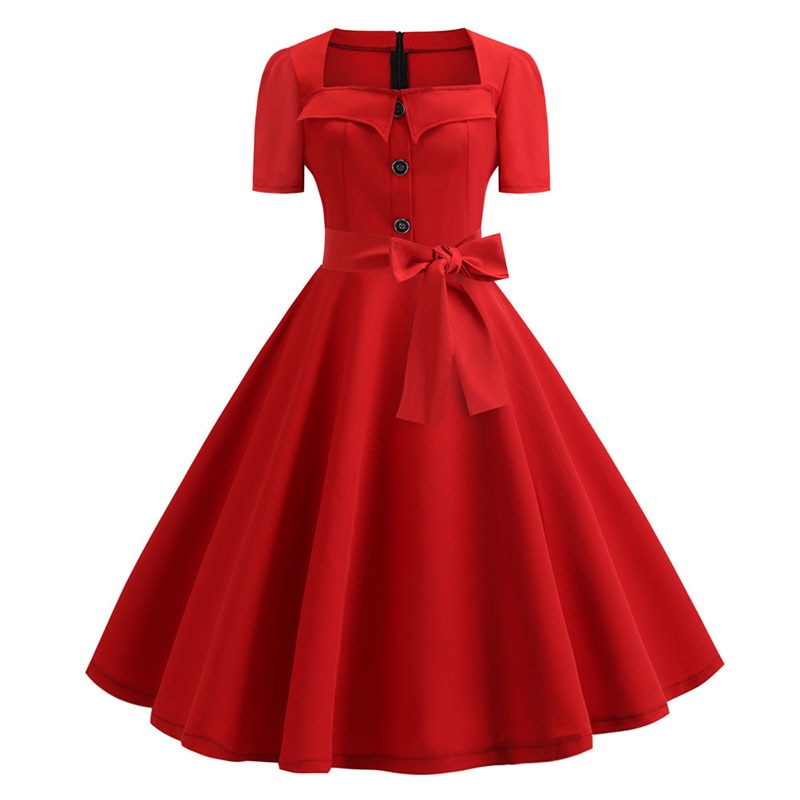 Sexy Women Square Collar Elegant Vintage Summer Dress Short Sleeve Rockabilly Pin Up Midi Dress Robe Femme Casual Office Party Dress