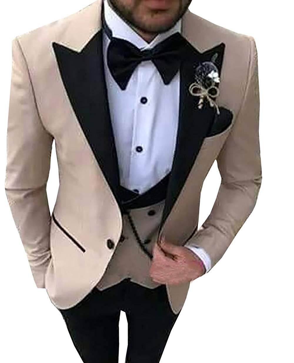 Pink Mens Suits 3 Pieces Slim Fit Casual Business Groomsmen Green Champagne Lapel Tuxedos for Formal Wedding (Blazer+Pants+Vest)