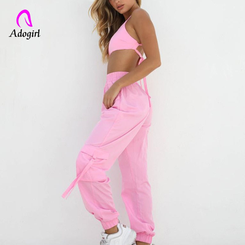 Pink Women Sports Two Pieces Gymwear Designer Women Tracksuit Joggings Spaghetti Straps Crop Top Elastic Waist Cargo Pants Set