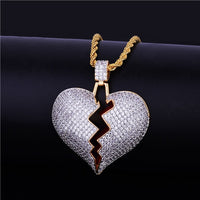 Bubble Letter Broken Heart Necklace &amp; Pendant Charms Chain for Men Real Gold Plated Hip Hop Jewelry