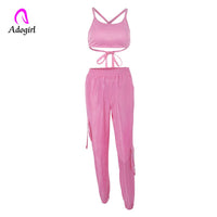 Pink Women Sports Two Pieces Gymwear Designer Women Tracksuit Joggings Spaghetti Straps Crop Top Elastic Waist Cargo Pants Set