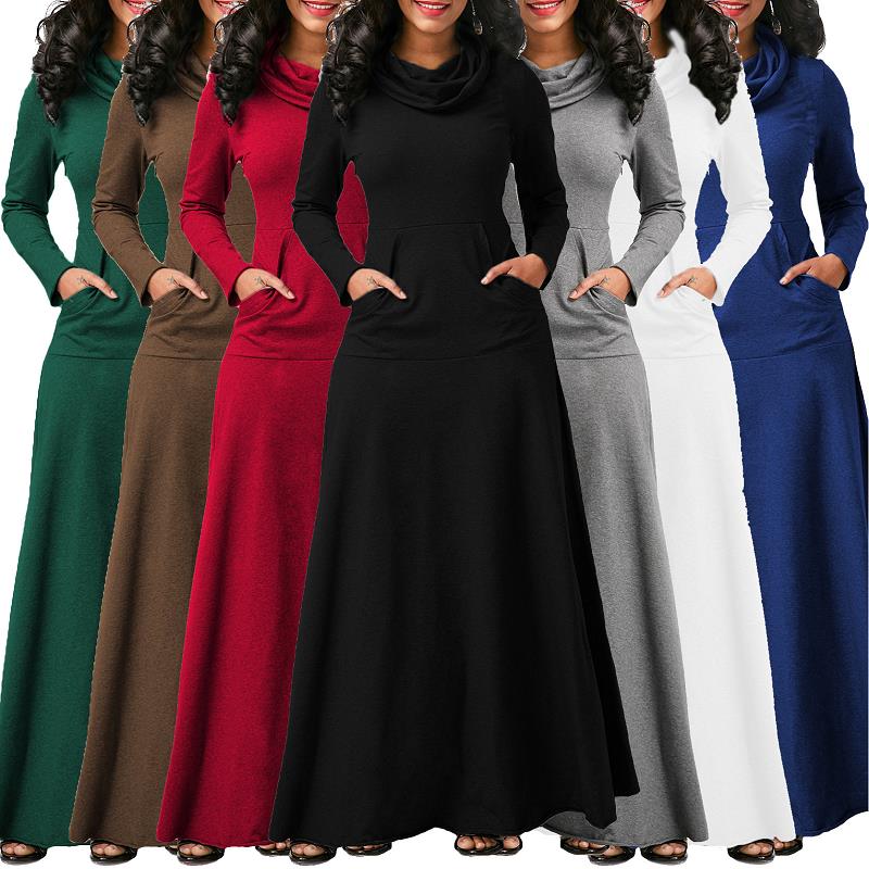 Sexy Women Warm Dress With Pocket Casual Solid Vintage Autumn Winter Maxi Dress