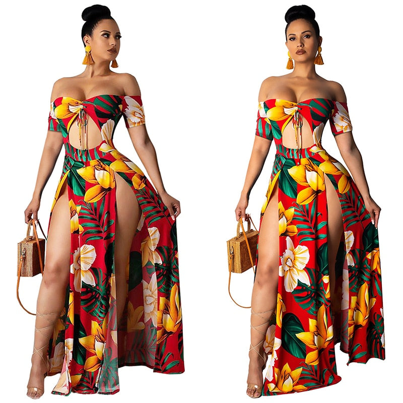2019 Sexy Print Slit Women Maxi Dresses Summer Strapless Long Dress