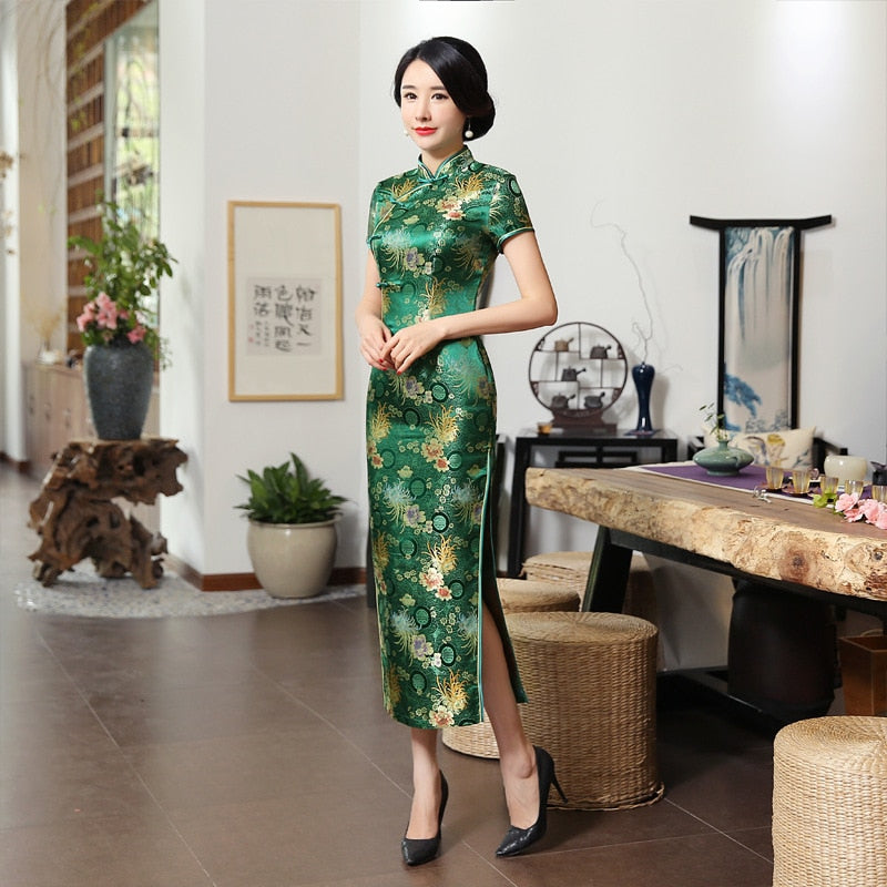 2021Sexy New High Fashion Green Rayon Cheongsam Chinese Classic