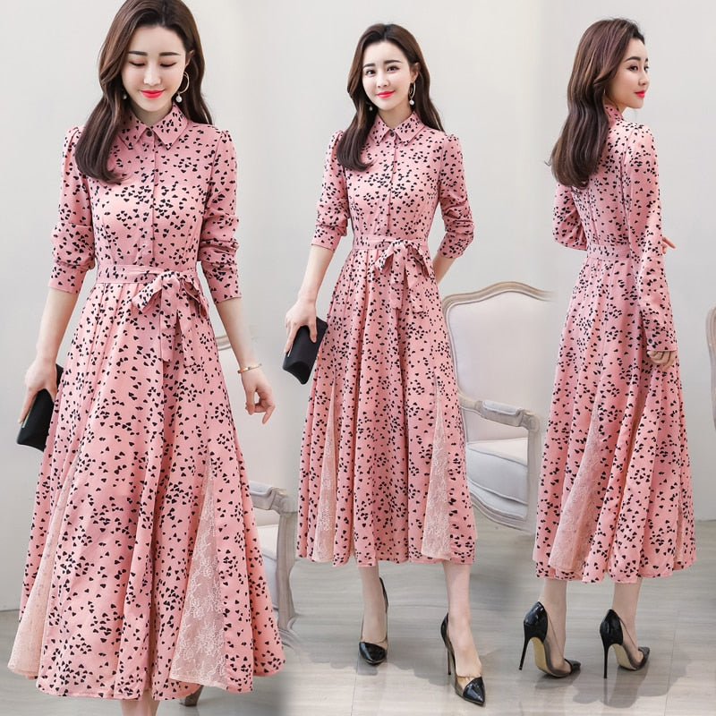 New chiffon stitching lace Dress lady elegant temperament long dress shirt collar long sleeve women print dresses