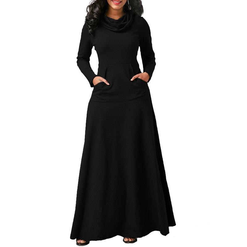 Sexy Women Warm Dress With Pocket Casual Solid Vintage Autumn Winter Maxi Dress