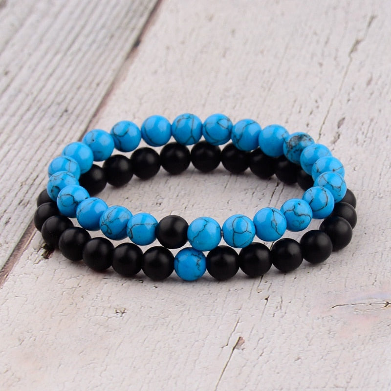 2PCS/Set Distance Bracelet For Women Men Blue&amp;Black Stone Yoga Energy Beaded Couple Bracelets