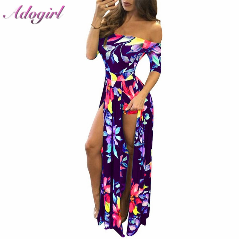 Women Floral Print Hobo Beach Long Dress Summer Elegant Off Shoulder Half Sleeve High Slit Party Dresses Outfit Beach Vestidos