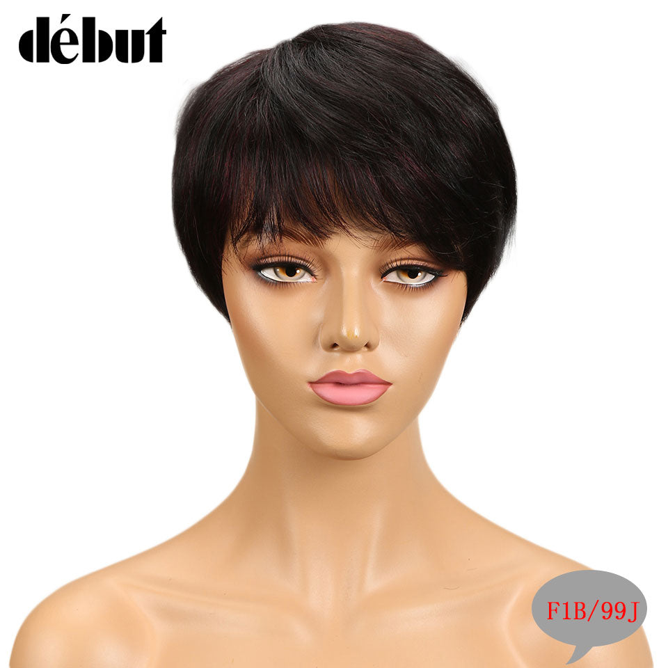 Debut Hair Brazilian Remy Short Straight Human Hair Wigs For Black Women Side Part Ombre Wigs With Bangs Free Shipping