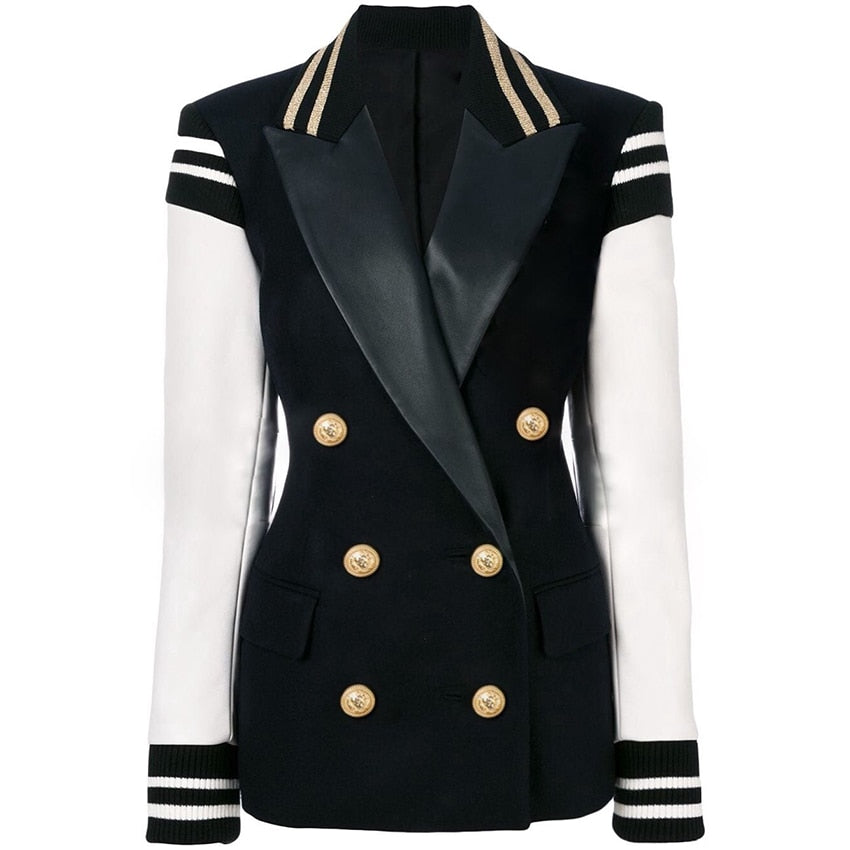 HIGH STREET New Fashion 2023 Stylish Blazer Varsity Jacket Women's Leather Sleeve Patchwork Lion Buttons Blazer