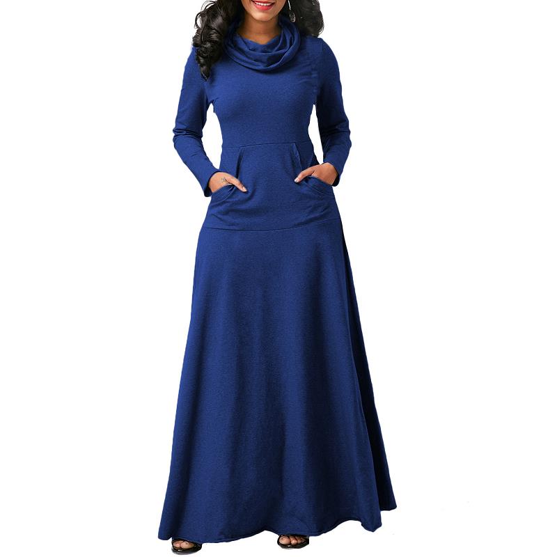 Sexy Women Warm Dress With Pocket Casual Solid Vintage Autumn Winter Maxi Dress