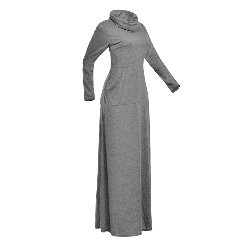 Sexy Women Warm Dress With Pocket Casual Solid Vintage Autumn Winter Maxi Dress