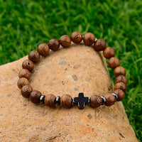 Hot Men Natural Wood Beads Cross Bracelets Onyx Meditation Prayer Bead Bracelet Women Wooden Yoga Jewelry Homme