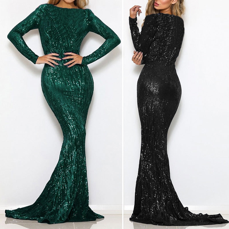 Enenthelabel O Neck Full Sleeved Maxi Dress Stretch Sequined Floor Length Evening Party Dress