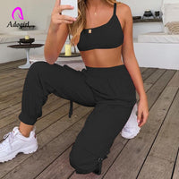 Pink Women Sports Two Pieces Gymwear Designer Women Tracksuit Joggings Spaghetti Straps Crop Top Elastic Waist Cargo Pants Set