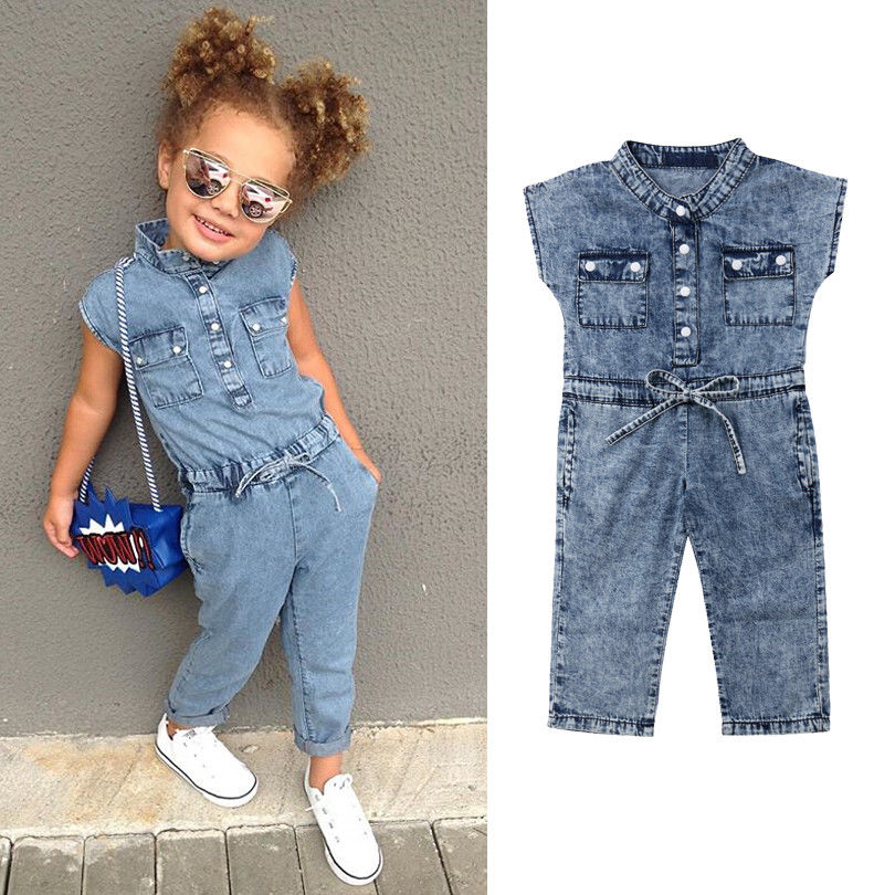 Summer Toddler Kids Baby Girl Clothes Denim Sleeveless Romper Jumpsuit Playsuit Long Pants Outfits 1-6T