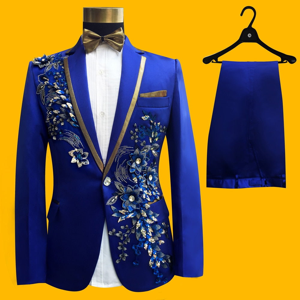 Wedding Groom Tuxedos Suit Men Fashion Blue Paillette Embroidered Male Singer Performance Party Prom Blazer Suit Costume 4 Piece