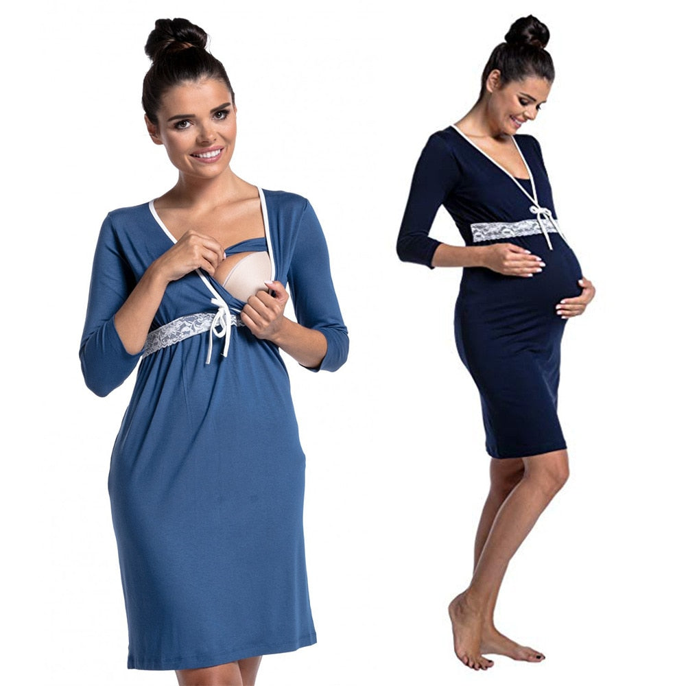 Maternity Lace Deep V-neck Breastfeeding Dress Pregnant Women Nursing Dress Pajamas Maternity Fashhion Sleepwear Nightgown