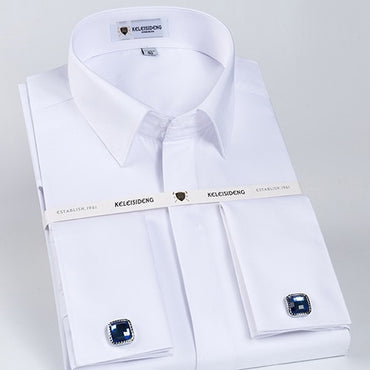 Men&#39;s Classic French Cuff Hidden Button Dress Shirt Long-sleeve Formal Business Standard-fit White Shirts (Cufflinks Included)