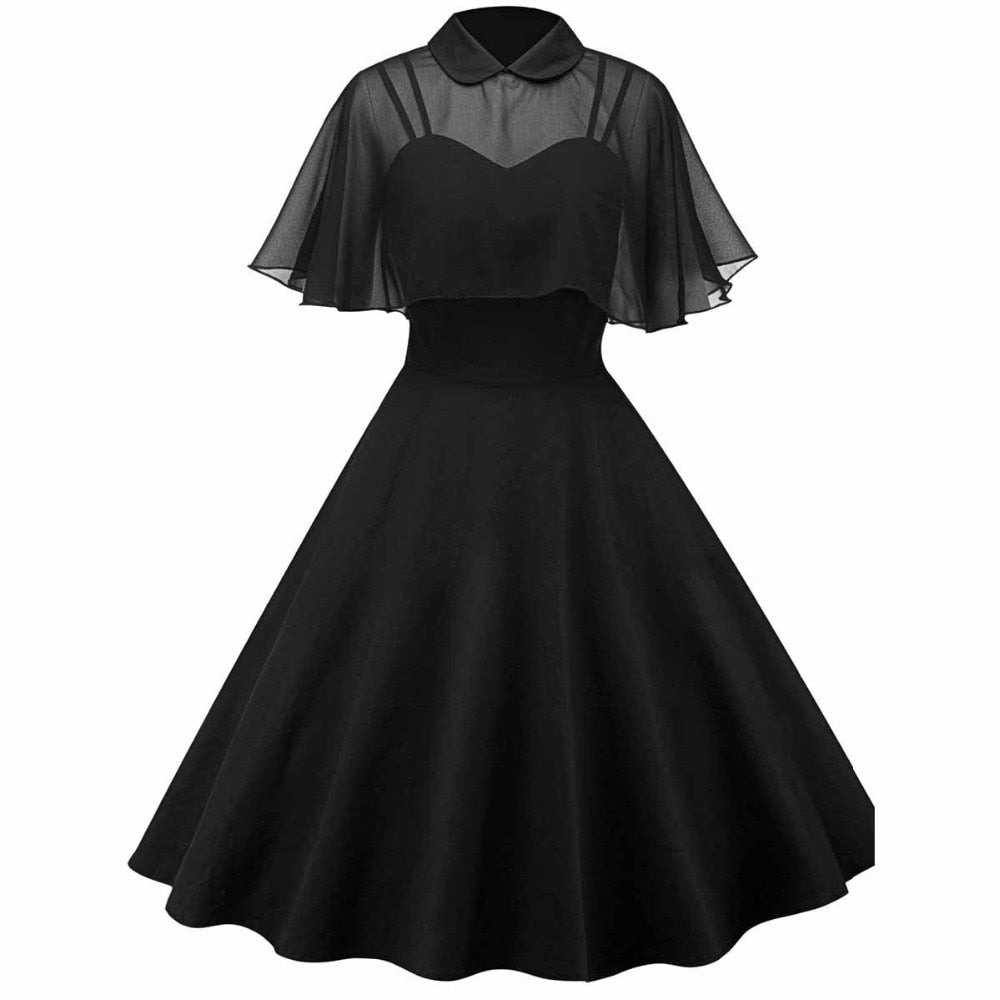 Women Vintage Gothic Cape Black Dress 2023 Autumn Two Piece Mesh Cloak Sleeves Peter Pan Collar Elegant Retro Goth Party Dresses