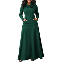 Sexy Women Warm Dress With Pocket Casual Solid Vintage Autumn Winter Maxi Dress