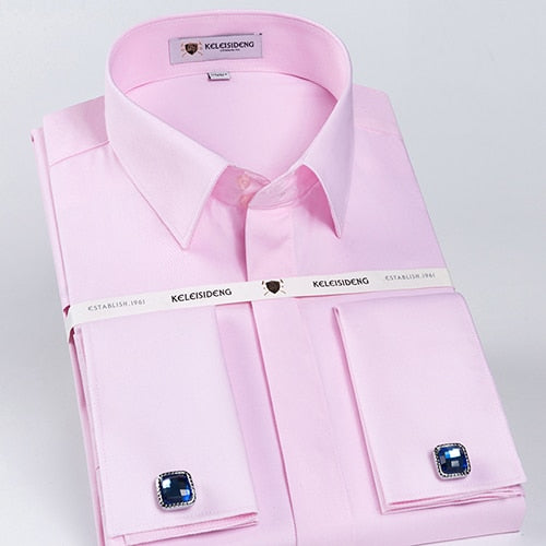 Men&#39;s Classic French Cuff Hidden Button Dress Shirt Long-sleeve Formal Business Standard-fit White Shirts (Cufflinks Included)