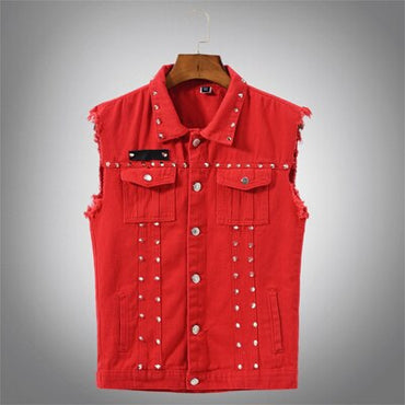 DIMUSI Autumn Mens Vest Vintage Denim Jeans Vest Male Red Revit Sleeveless Jackets Men Retor Hole Jeans Waistcoats Clothing 5XL